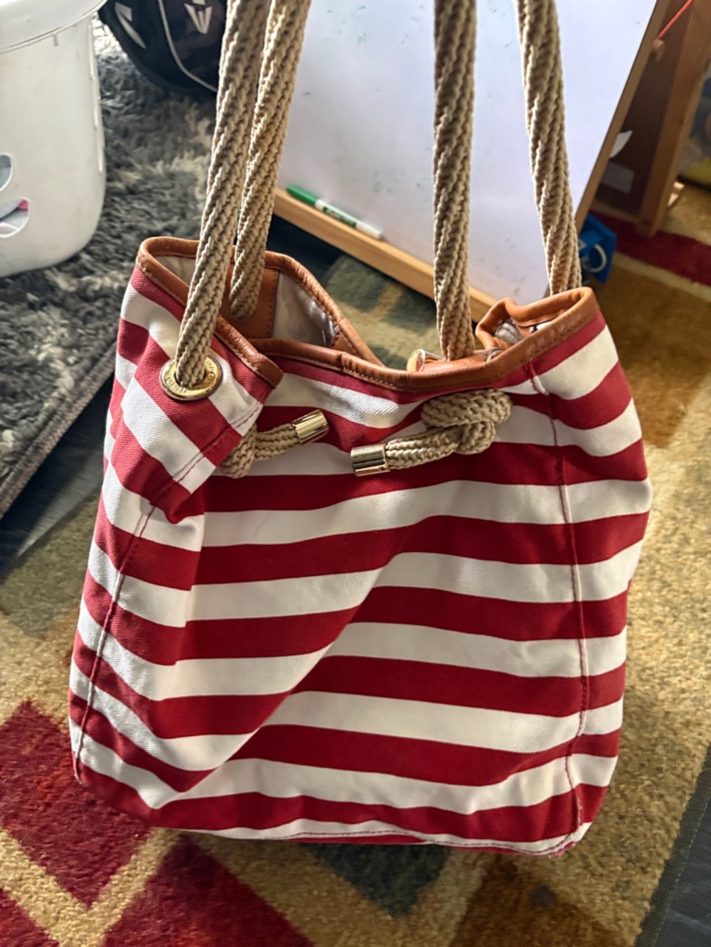 Michael Kors Red and White Striped Rope-Handle Tote